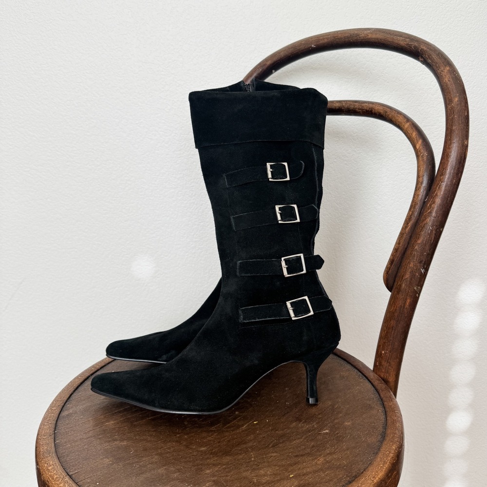 Y2K Black Suede Buckle Mid-Calf Kitten Heel Boots 8.5B Vintage Newport News